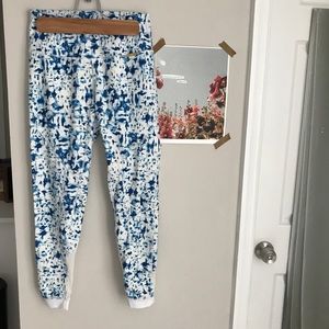 Blue and white Cleo Harper leggings w/ mesh detail